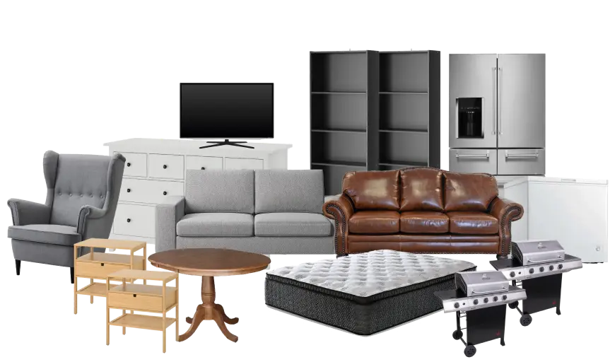 Full Truckload A couch, dresser, TV, fridge, bookshelf, mattress, BBQs, tables, and chairs to illustrate a full truckload for 1-800-GOT-JUNK?