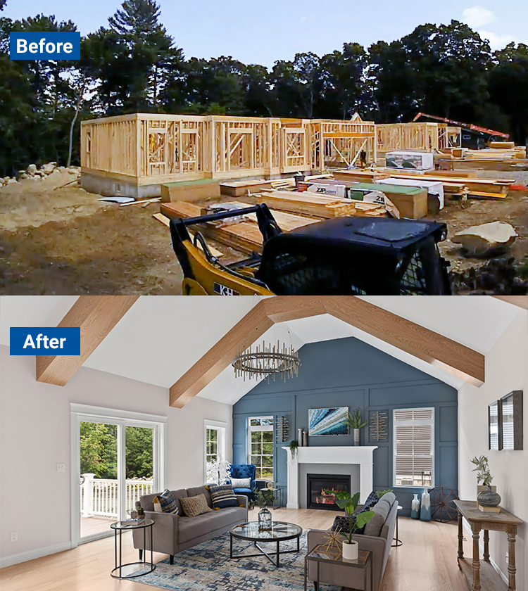 Before image of the house being built and After image of the new living room Before image of the house being built and After image of the new living room